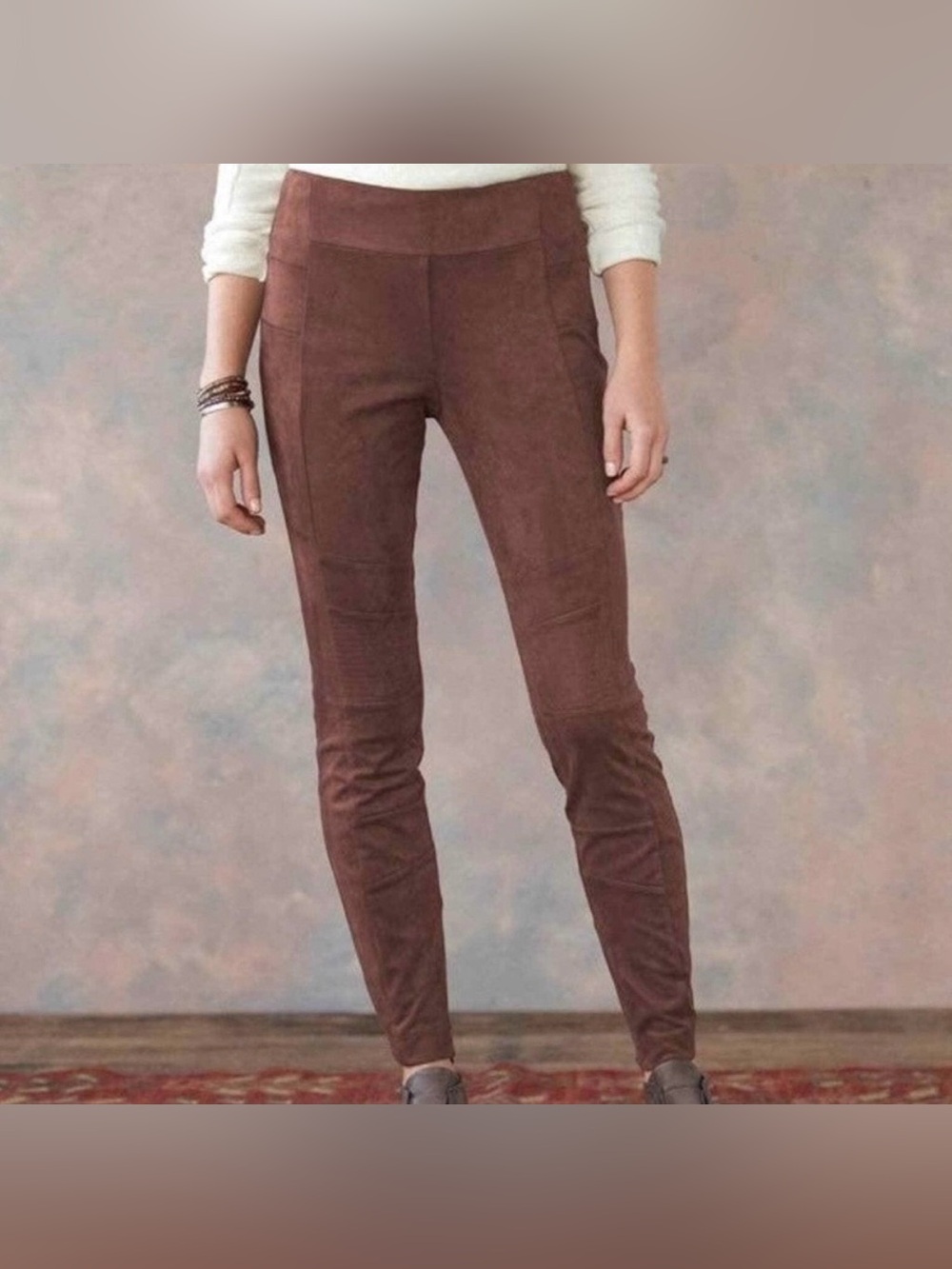 Sundance Lux Dream Faux Suede Leggings Brown Cognac Sz10 Ankle Zip Moto Inspired